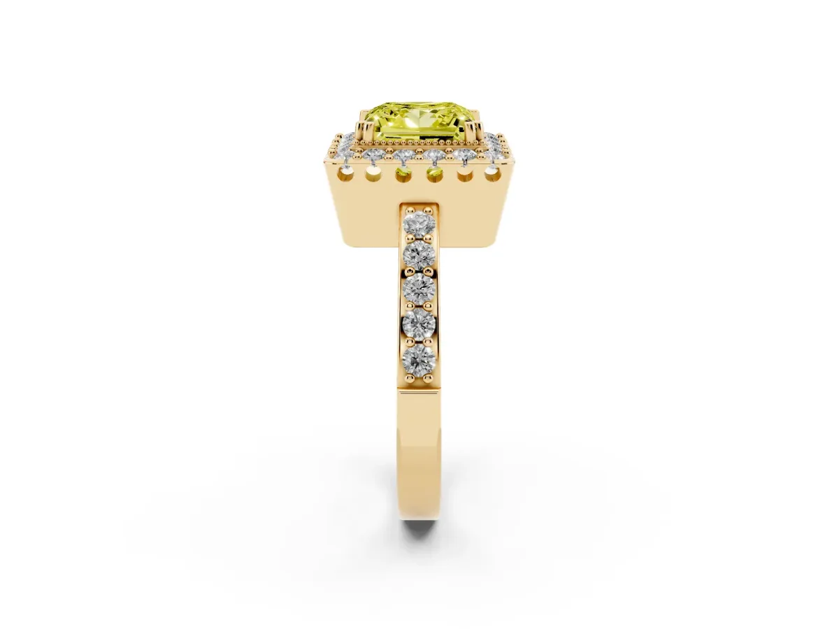 Fancy Yellow Princess Cut Diamond Halo Ring with Pavé Band and Prong Setting Yellow gold