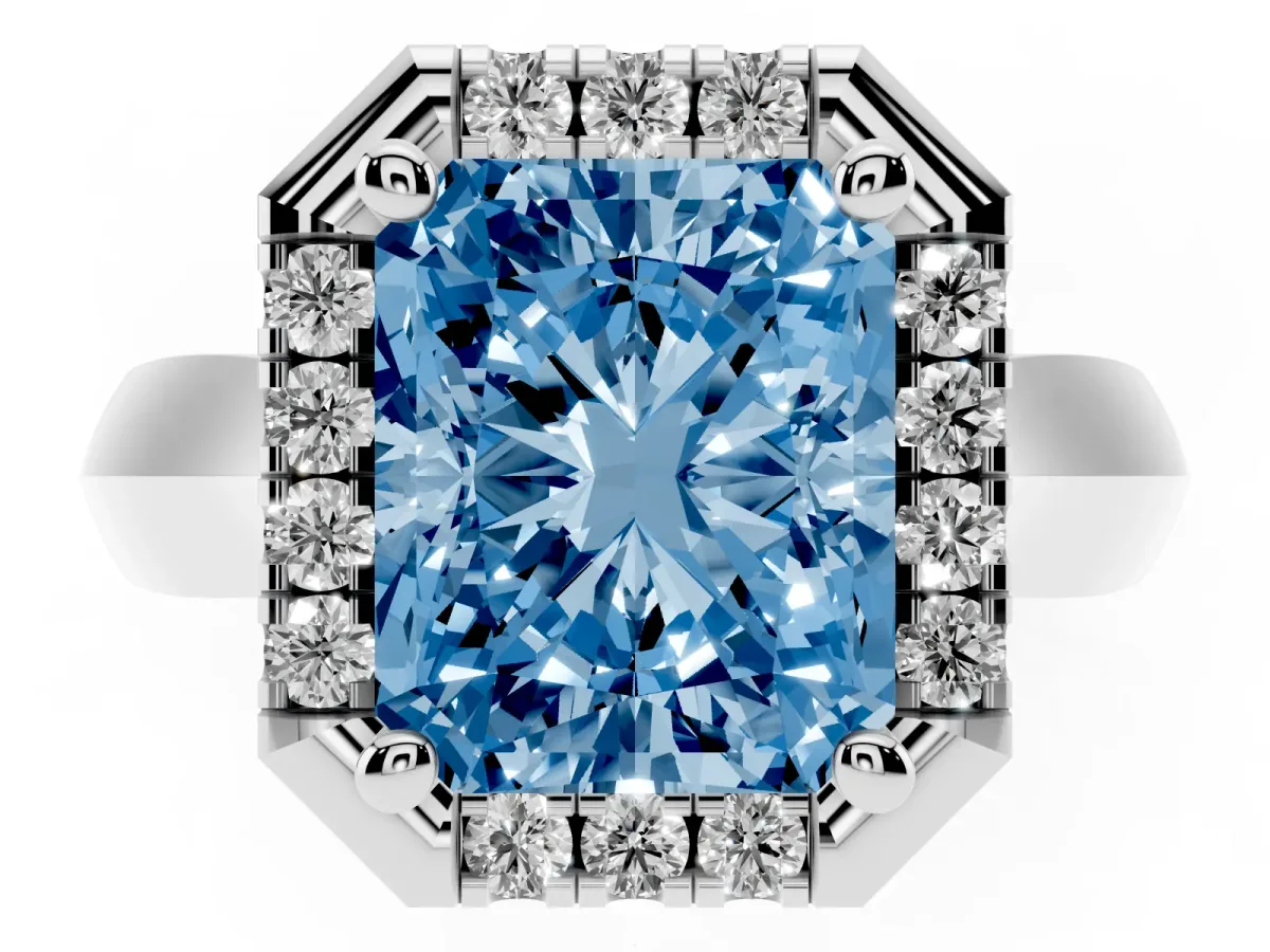 Fancy Blue Radiant Cut Cut Halo Solitaire Engagement Ring with Square Band and Four-Prong Setting Silver