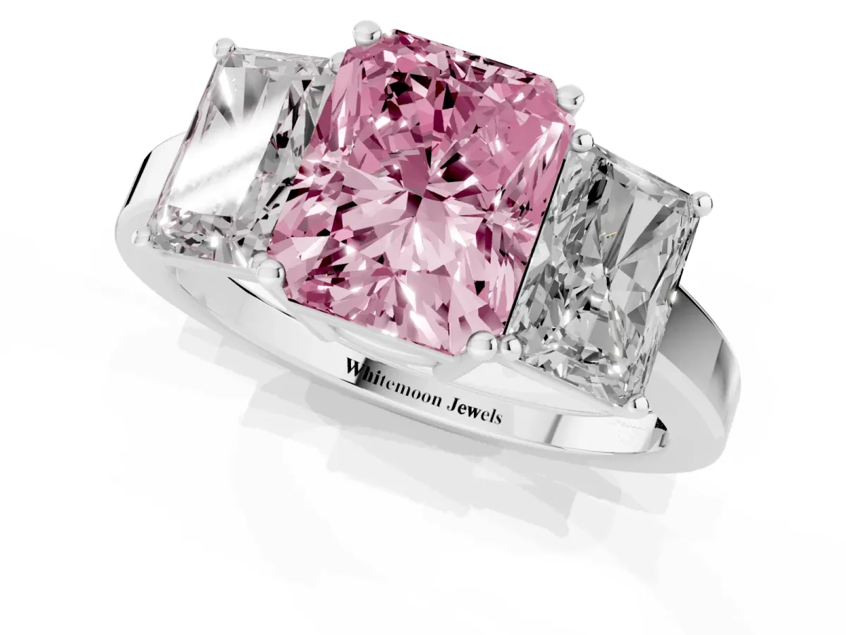 Fancy Pink Three-Stone Radiant Cut Cut Diamond Engagement Ring with Flat Band and Four-Prong Setting Silver