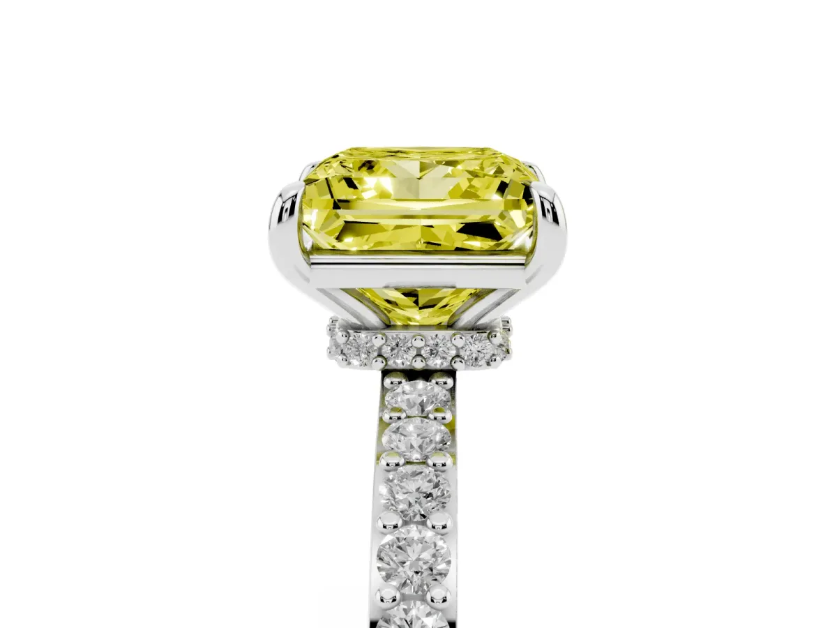 Fancy Yellow Princess Cut Diamond Pavé Engagement Ring with Round Accents and Prong Setting Silver