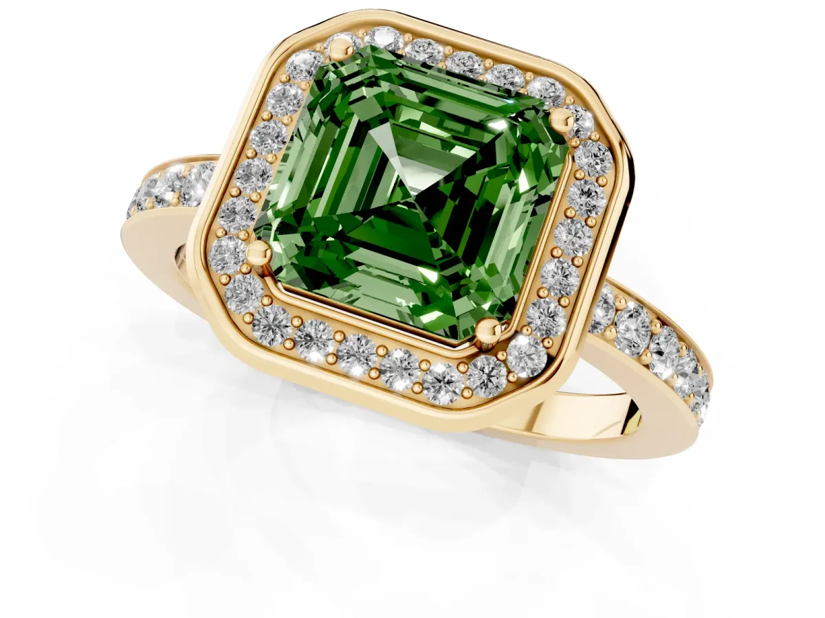 Fancy Green Asscher Cut Diamond Halo Ring with Bezel Frame and Pavé Band Yellow gold