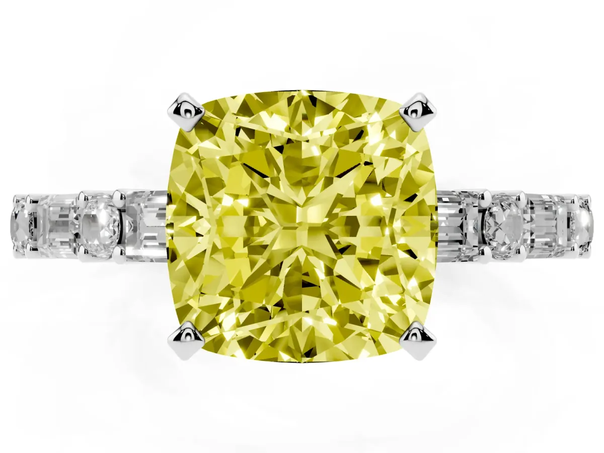Fancy Yellow Cushion Cut Diamond Solitaire with Side Baguettes and Channel Set Band White gold