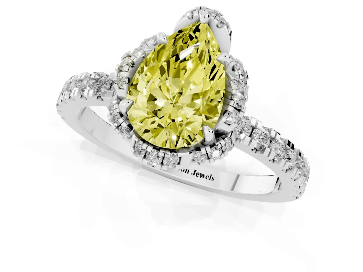 Fancy Yellow Pear Cut Halo Diamond Pave Band Ring with Four-Prong Setting Silver