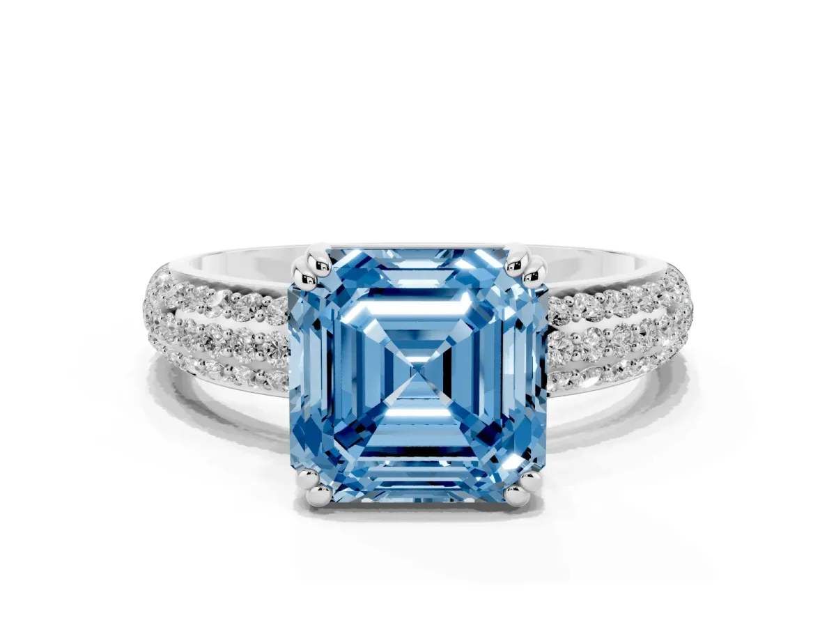 Fancy Blue Asscher Cut Diamond Solitaire Ring with Multi-Row Round Pavé Band and Prong Setting Silver