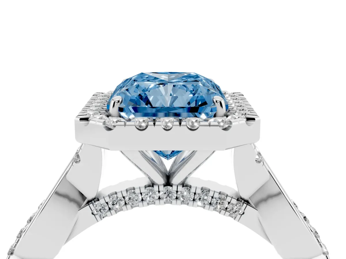 Fancy Blue Radiant Cut Halo Twist Band Solitaire Ring Silver