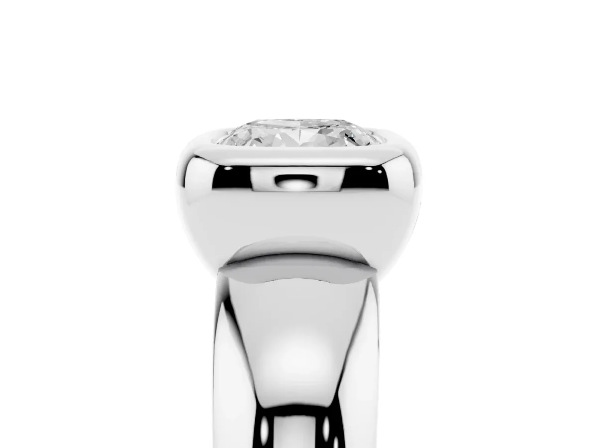 Bezel Set Cushion Cut Solitaire Ring with Wide Band White gold