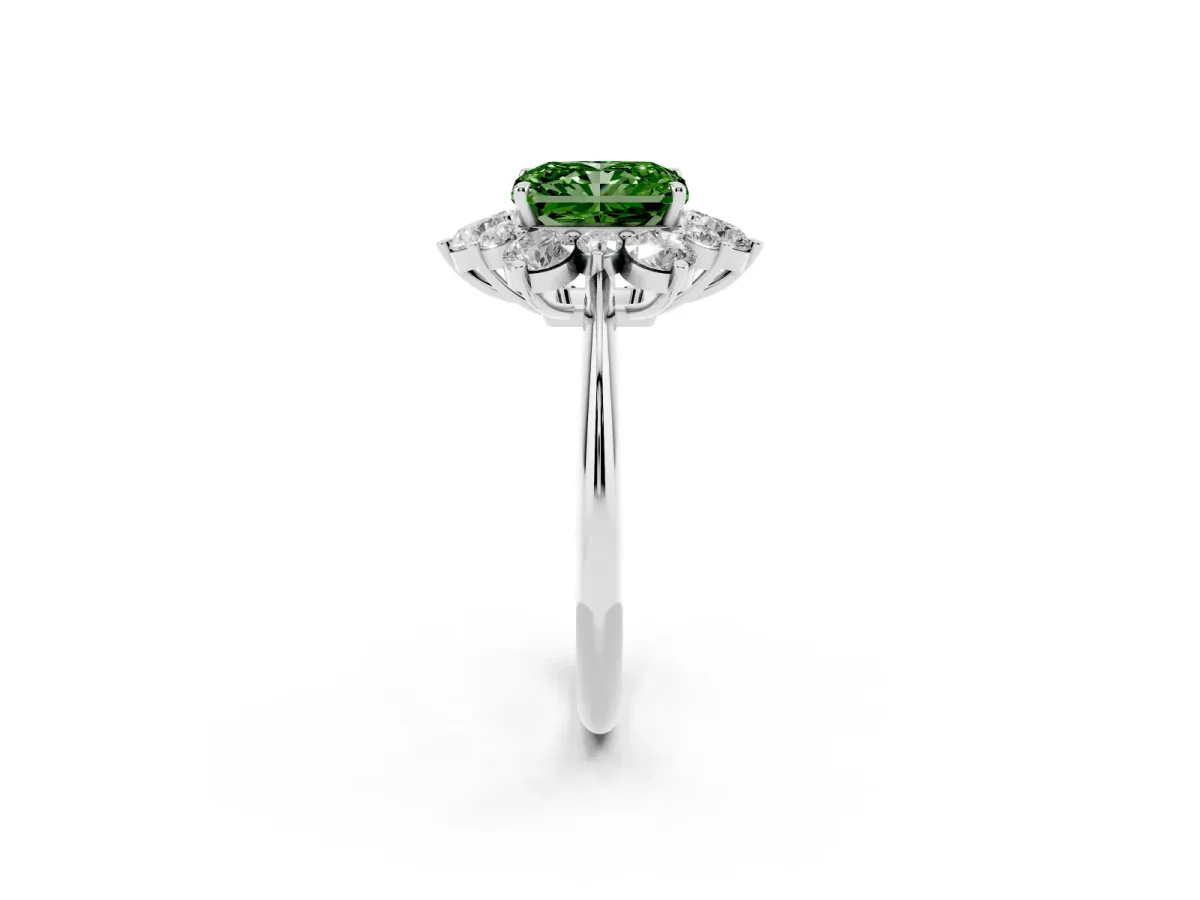 Fancy Green Radiant Cut Diamond Cluster Halo Ring with Solitaire Band and Four-Prong Setting Silver