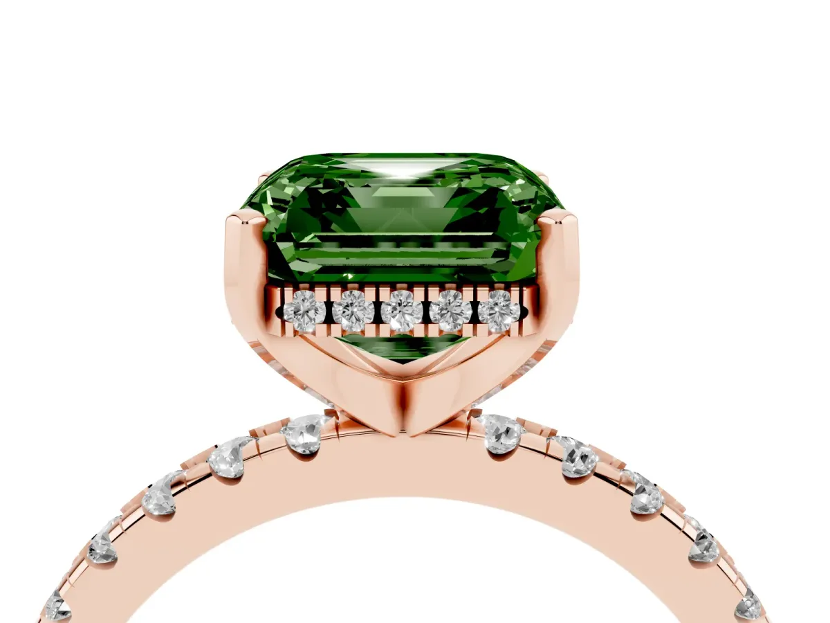 Fancy Green Asscher Cut Diamond Solitaire Ring with Round Pavé Band and Four-Prong Setting Rose gold