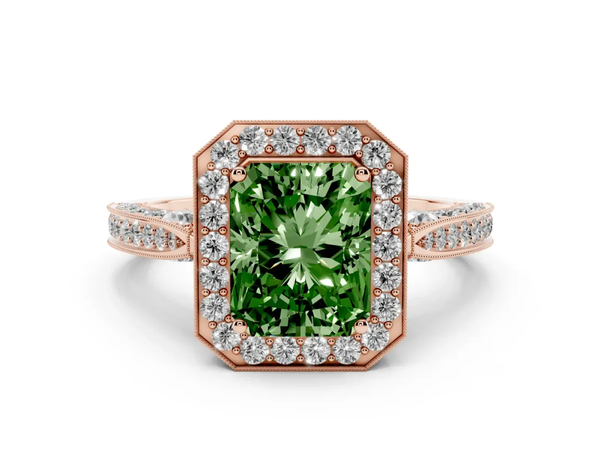 Fancy Green Radiant Cut Halo Diamond Engagement Ring with Split Shank Band and Four-Prong Setting Rose gold