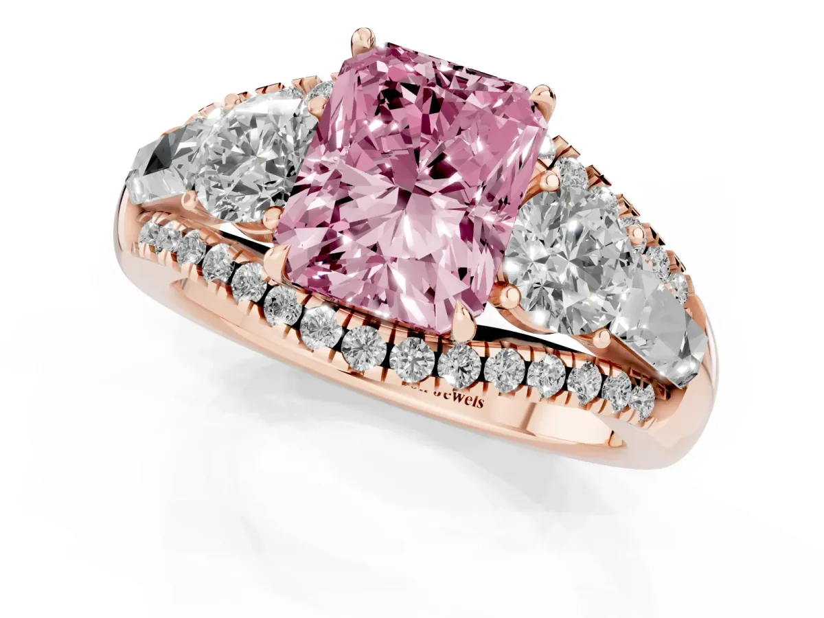 Fancy Pink Three-Stone Radiant Cut Diamond Engagement Ring with Pave Band and Prong Setting Rose gold