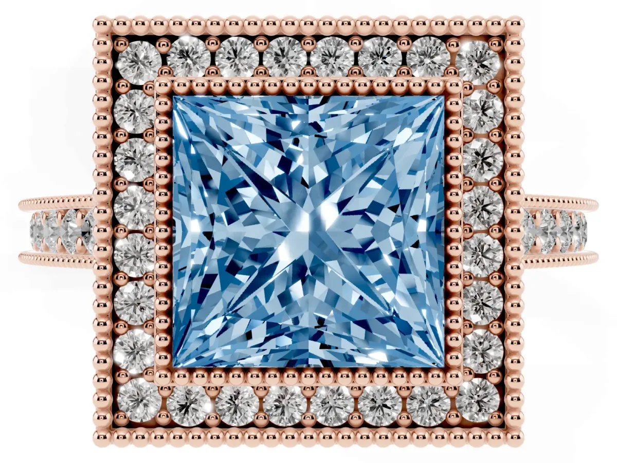 Fancy Blue Halo Princess Cut-Cut Diamond Pave Band Milgrain Prong Setting Ring Rose gold