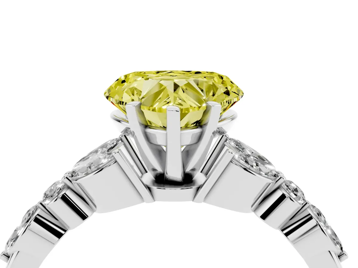 Fancy Yellow Heart Cut Diamond Solitaire Ring with Side Stones and Four-Prong Setting Platinum