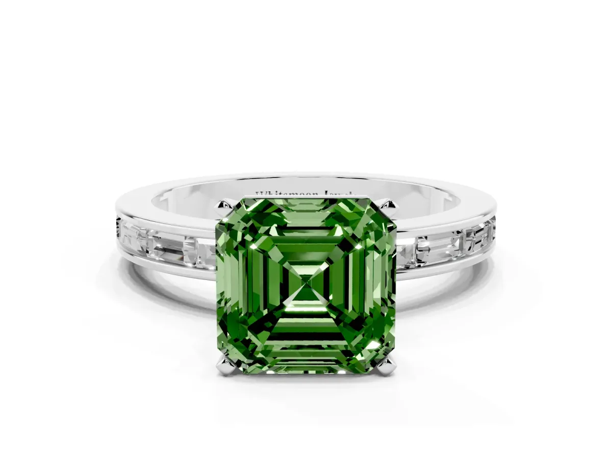 Fancy Green Asscher Cut Solitaire Diamond Ring with Channel-Set Baguette Band and Four-Prong Setting Platinum