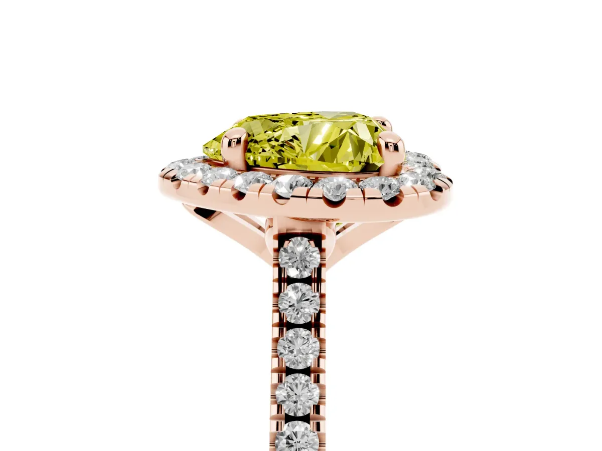 Fancy Yellow Heart Cut Diamond Cushion Halo Ring with Pavé Band Rose gold