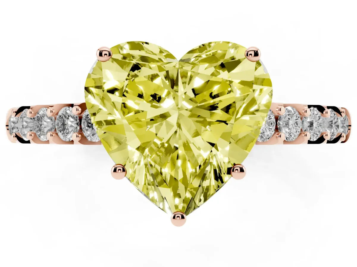 Fancy Yellow Heart Cut Solitaire Diamond Engagement Ring with Pavé Band and Six-Prong Setting Rose gold