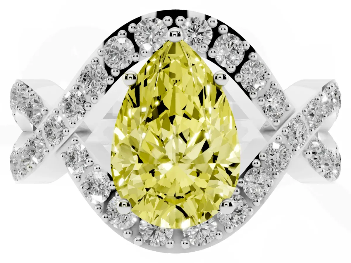 Fancy Yellow Pear Cut Solitaire Twist Band Pavé Diamond Engagement Ring Silver