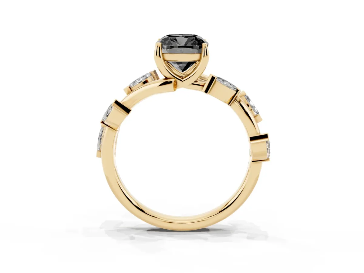 Fancy Black Cushion Cut Solitaire Twisted Band Marquise Accent Prong Setting Ring Yellow gold