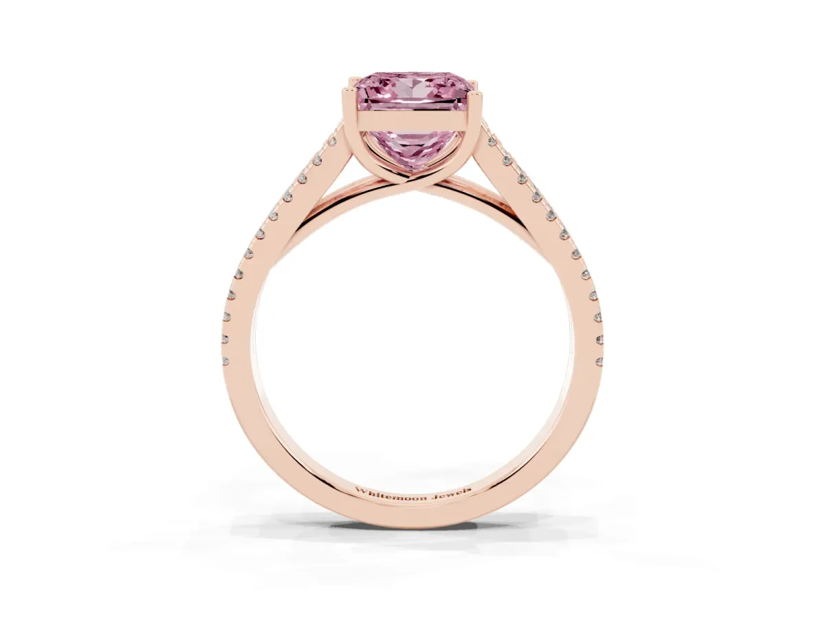 Fancy Pink Princess Cut Diamond Solitaire Engagement Ring with Split Shank Pavé Band Rose gold