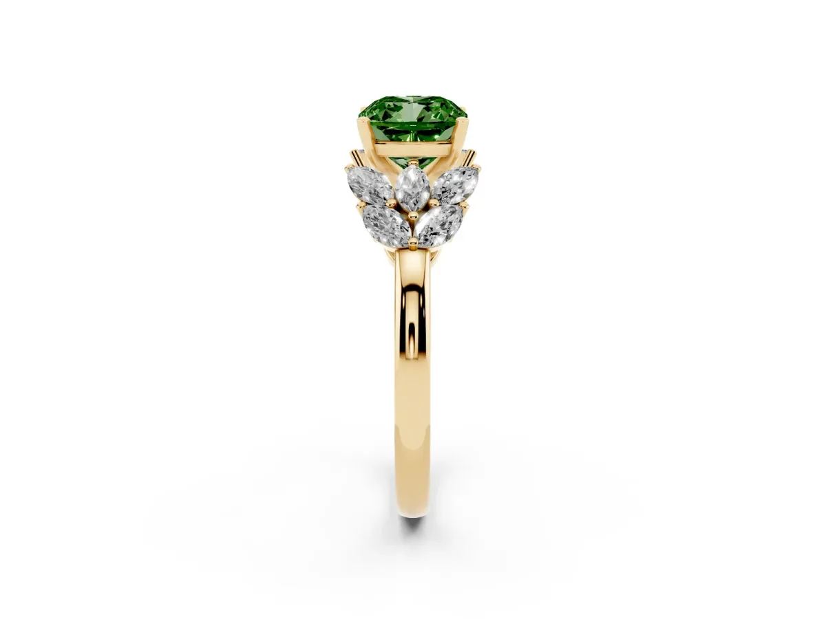 Fancy Green Cushion Cut Diamond Cluster Leaf Design Ring with Prong Setting Yellow gold