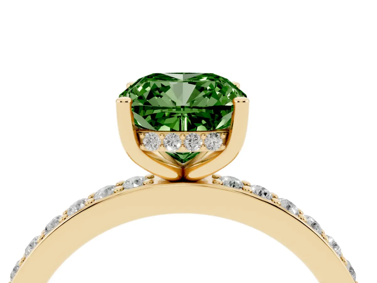 Fancy Green Cushion Cut Cut Diamond Pavé Band Ring with Four-Prong Setting Yellow gold