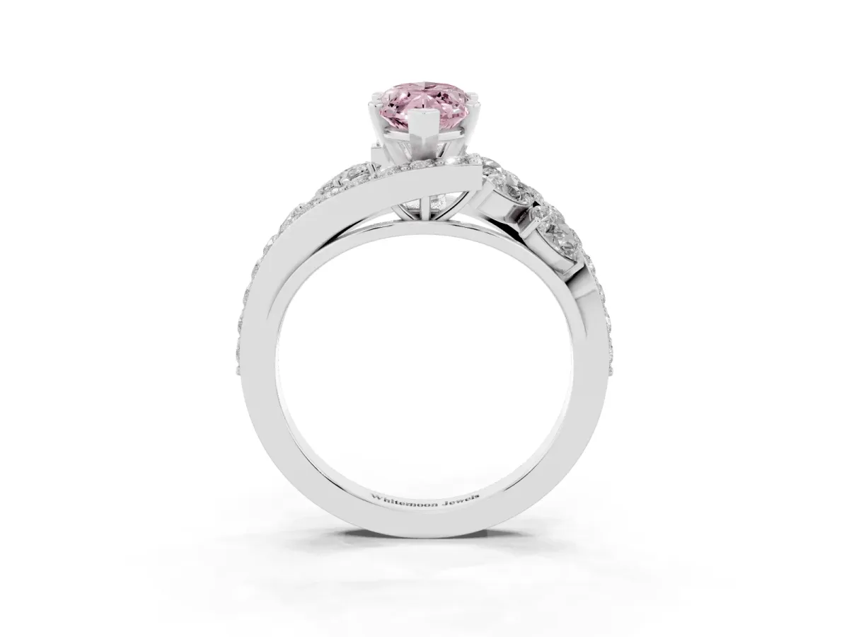 Fancy Pink Marquise Cut Diamond Halo Ring with Marquise and Pavé Band in Prong Setting Silver