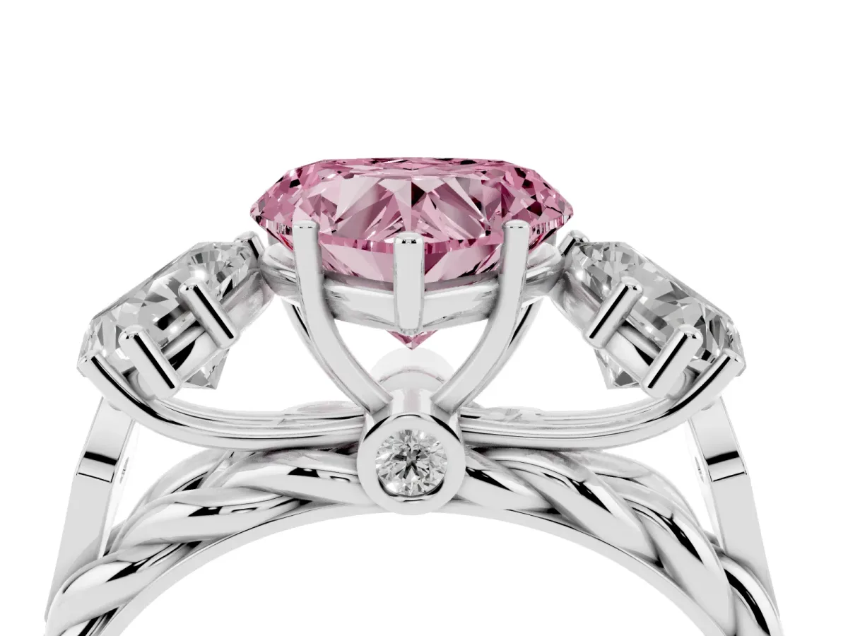 Fancy Pink Three-Stone Heart Cut Diamond Braided Band Ring with Four-Prong Setting Platinum