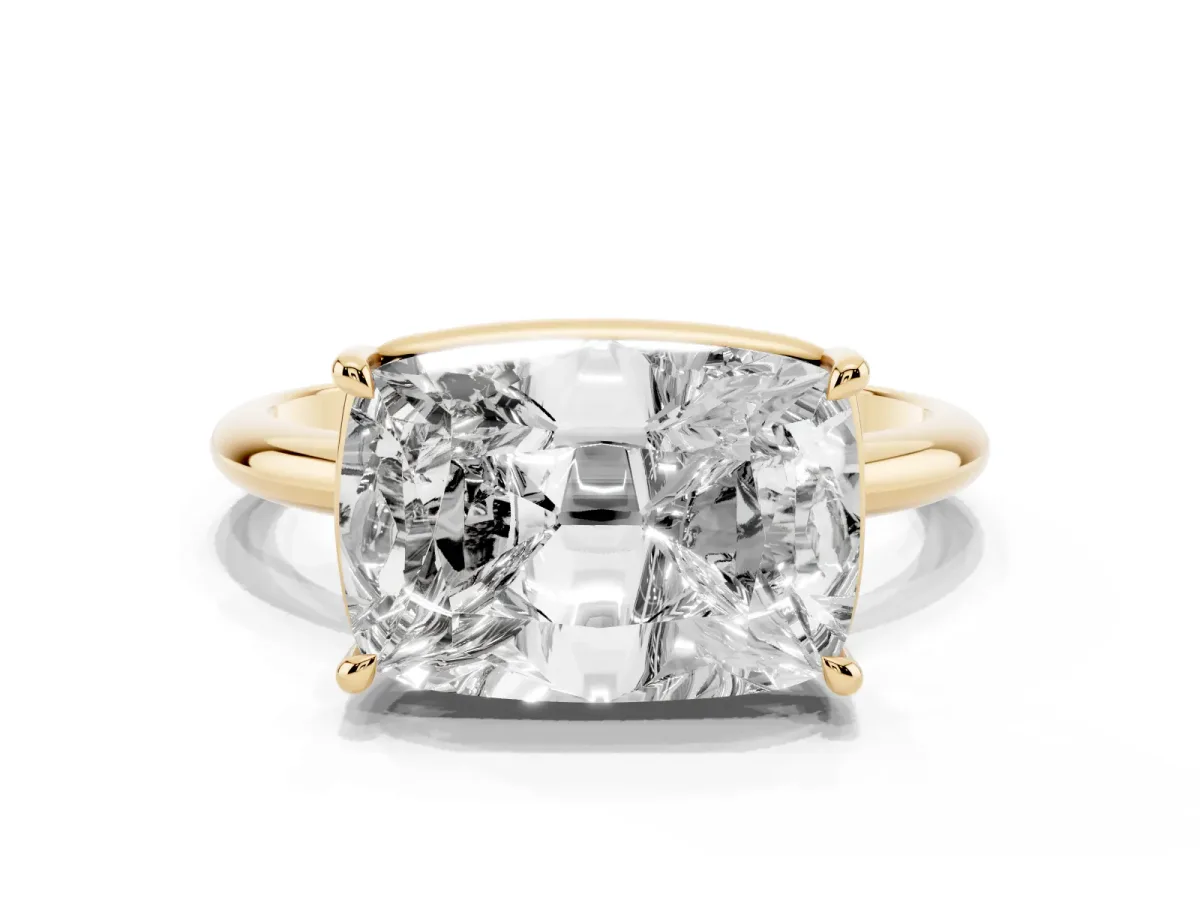Old Mine Elongated Cushion Diamond East-West Bezel Set Four Claw Solitaire Ring Yellow gold