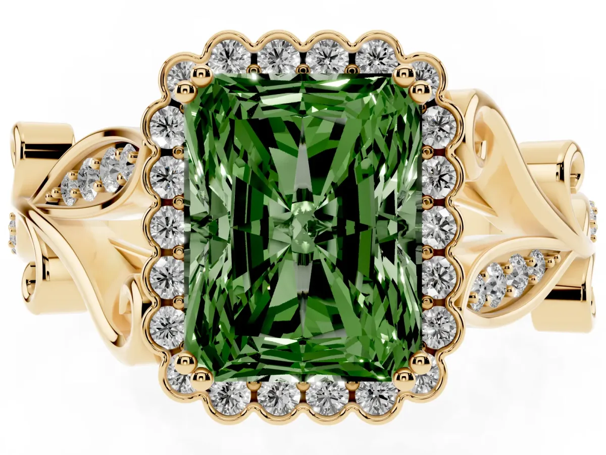 Fancy Green Radiant Cut Diamond Halo Ring with Vintage Split Shank and Four-Prong Setting Yellow gold