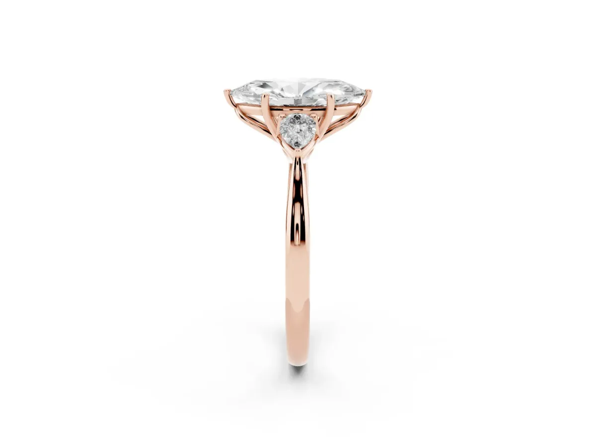 Three-Stone Marquise Cut Brilliant Diamond Solitaire Ring with Tapered Band and Four-Prong Setting Rose gold
