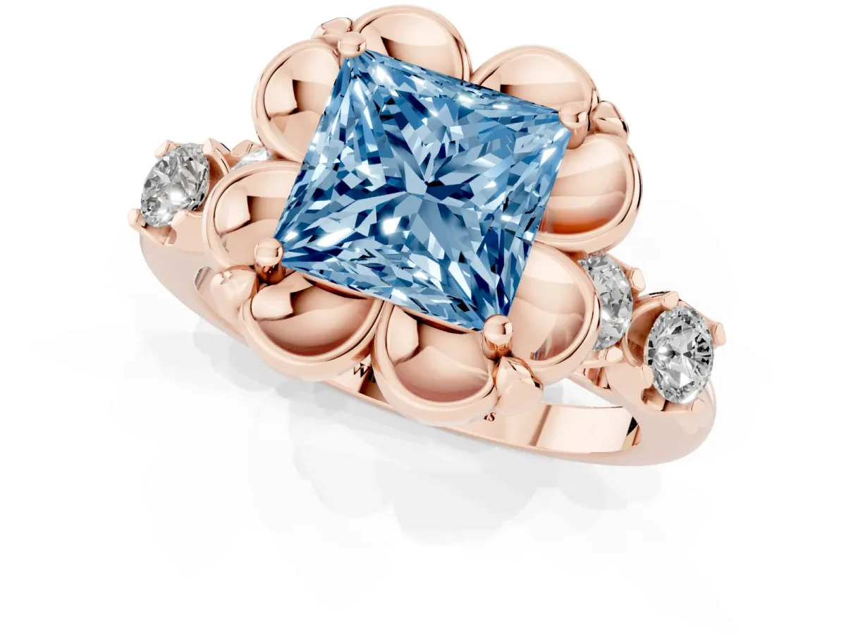 Fancy Blue Princess Cut Cut Diamond Floral Halo Engagement Ring with Shared Prong Setting Rose gold