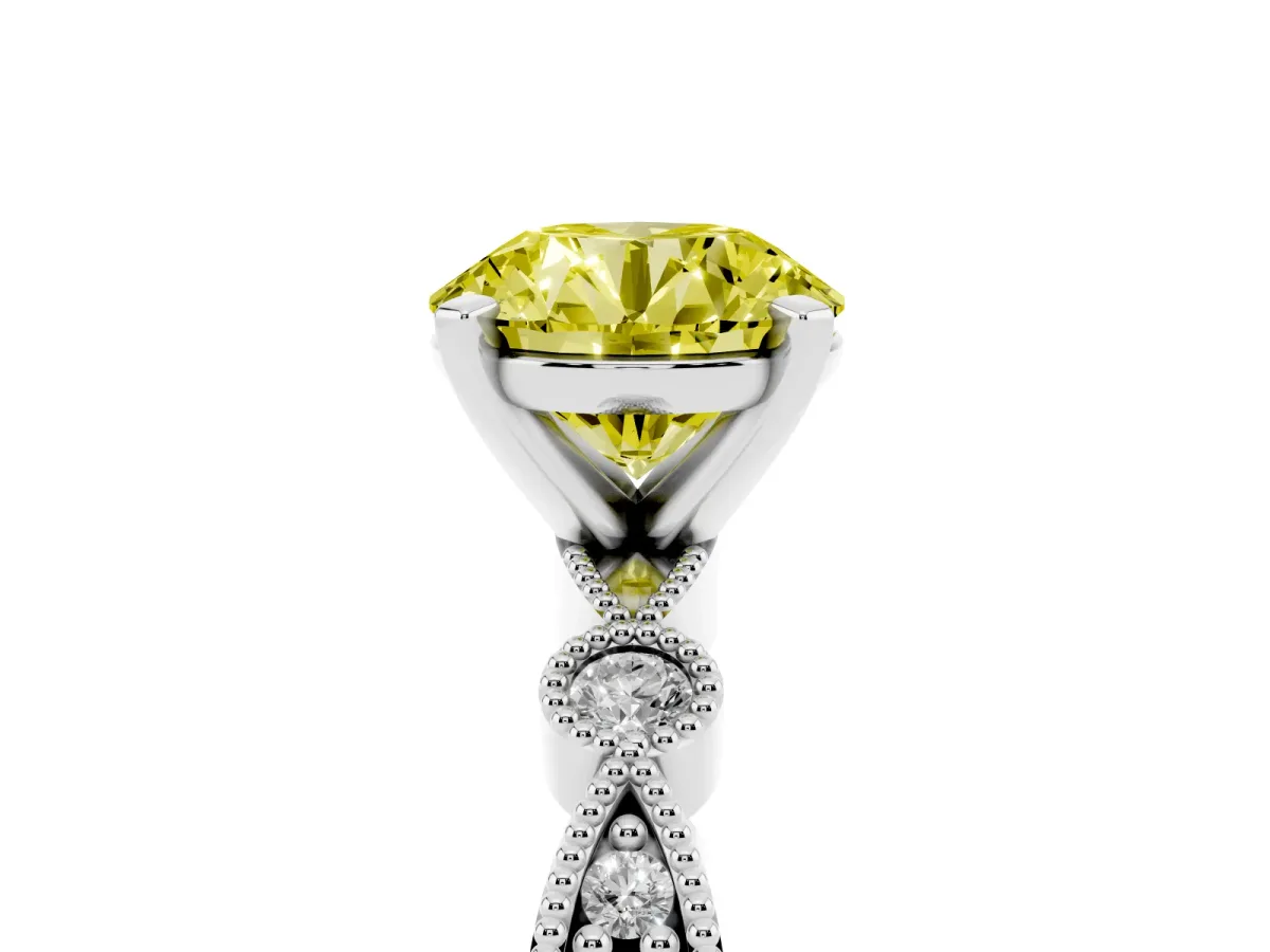 Fancy Yellow Round Cut Milgrain Bezel Diamond Engagement Ring with Solitaire Prong Setting Silver