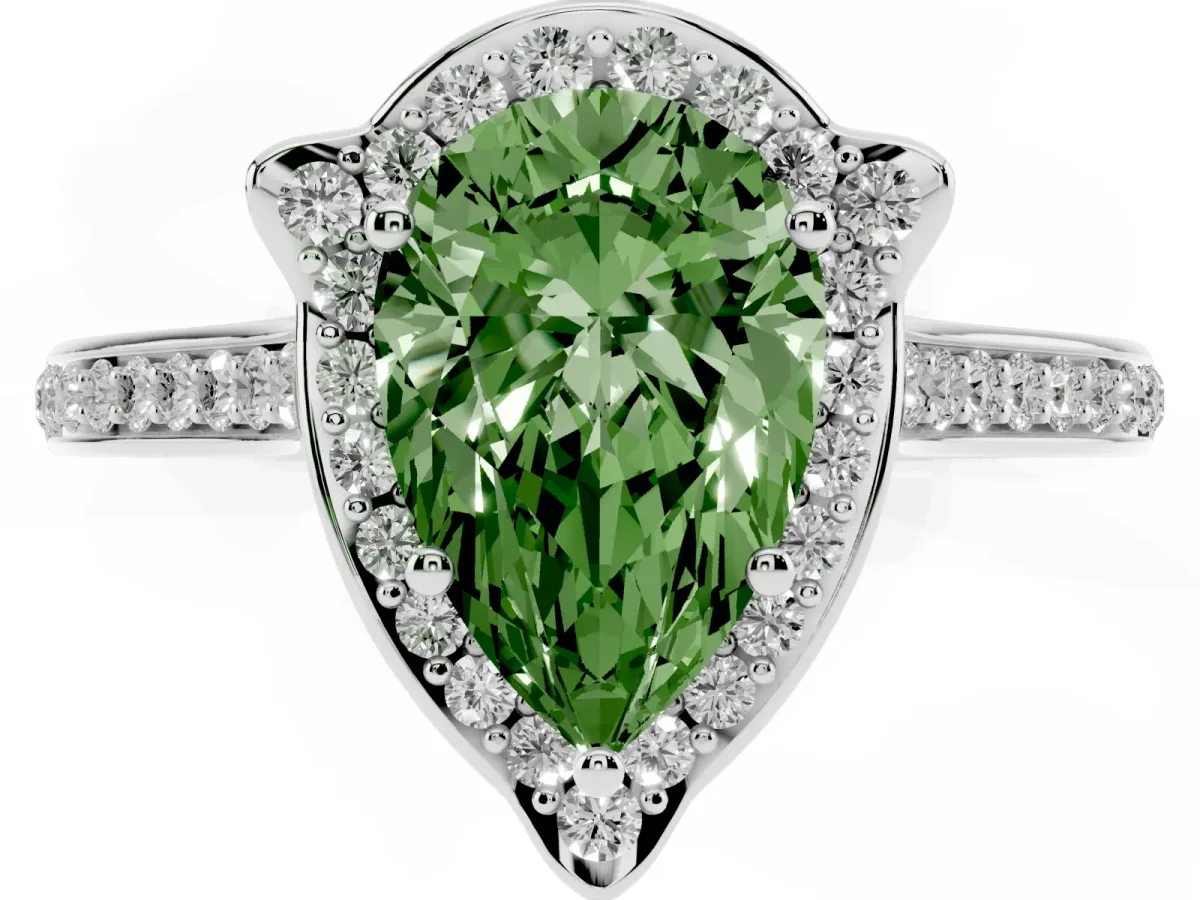 Fancy Green Pear Cut Halo Round Diamond Pave Band with Four-Prong Setting Silver