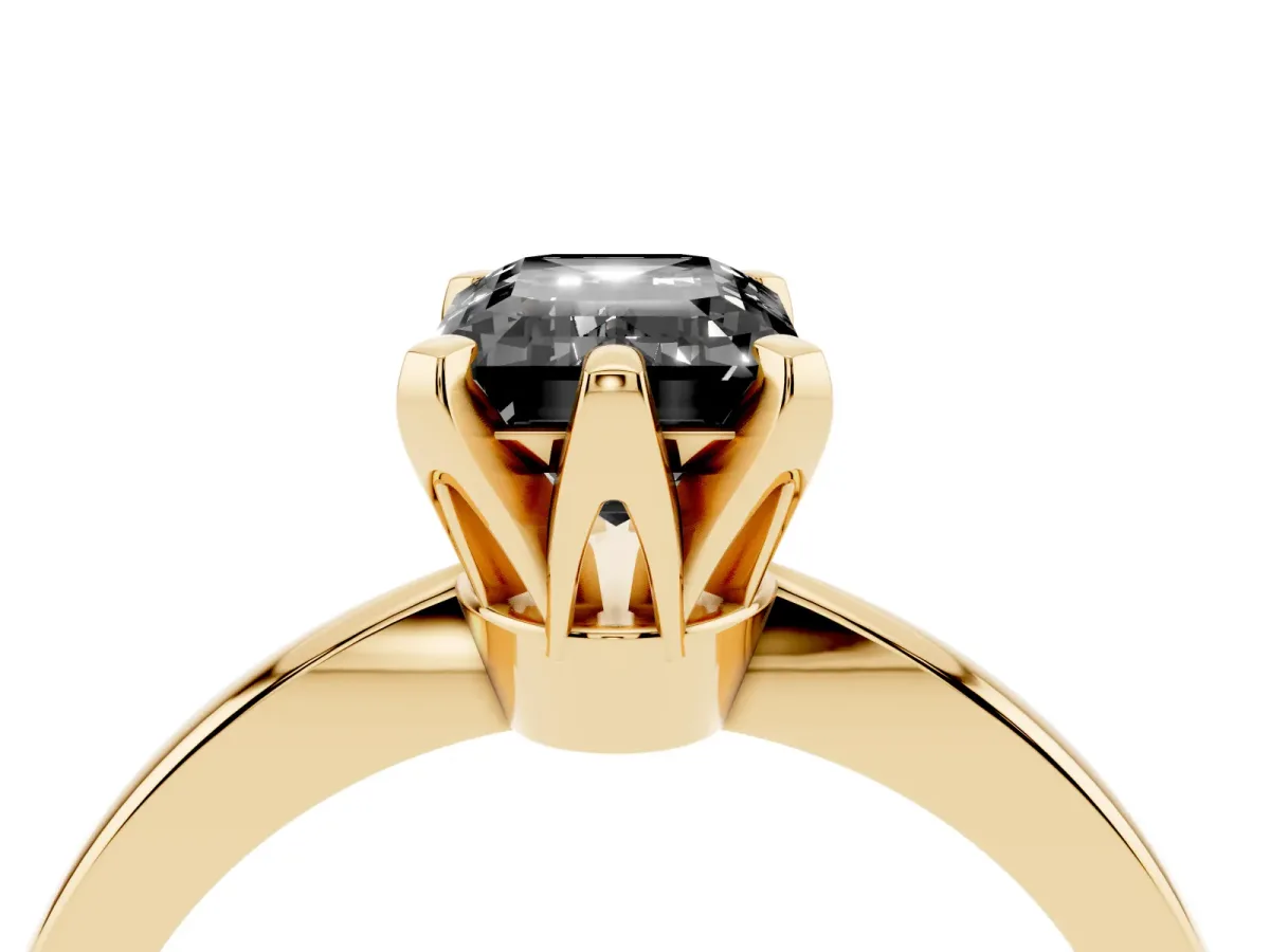 Fancy Black Emerald Cut Solitaire Engagement Ring with Six-Prong Setting and Tapered Band Yellow gold