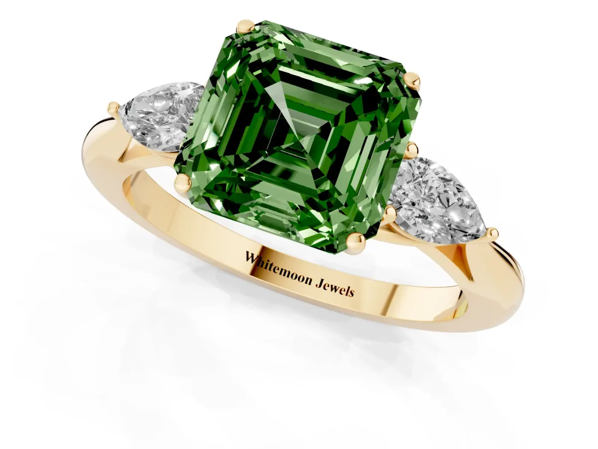 Fancy Green Asscher Cut Diamond Three-Stone Ring with Pear Side Stones and Prong Setting Yellow gold