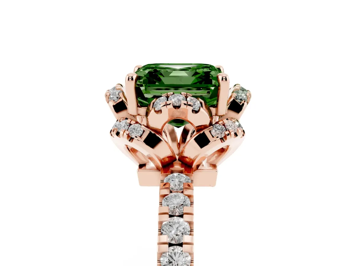 Fancy Green Asscher Cut Diamond Halo Pave Band with Four-Prong Setting Rose gold