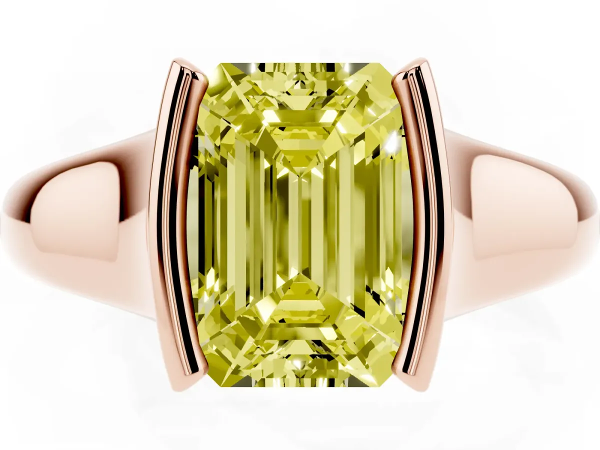 Fancy Yellow Emerald Cut Solitaire Tension Set Diamond Ring with Split Shank Band Rose gold