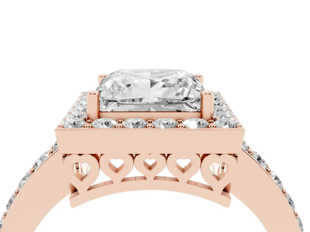Princess Cut Halo Diamond Pavé Band Ring with Prong Setting Rose gold