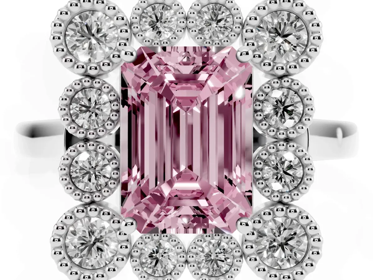 Fancy Pink Emerald Cut Halo Diamond Cluster Engagement Ring with Milgrain Bezel Setting and Solitaire Band Platinum