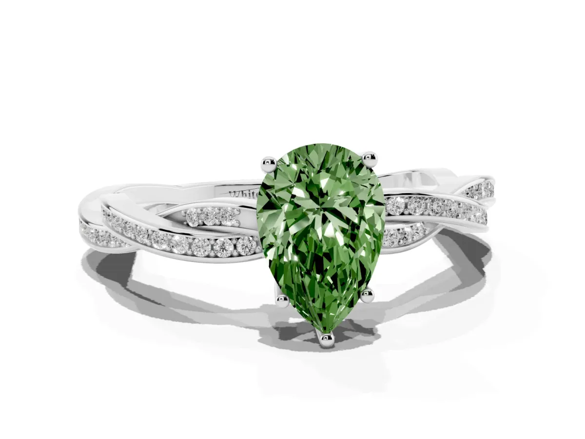 Fancy Green Pear Cut Solitaire Twisted Pave Diamond Ring with Four-Prong Setting Silver