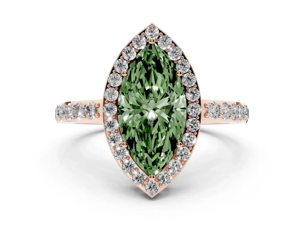 Fancy Green Marquise Cut Halo Diamond Pavé Band Ring with Prong Setting Rose gold