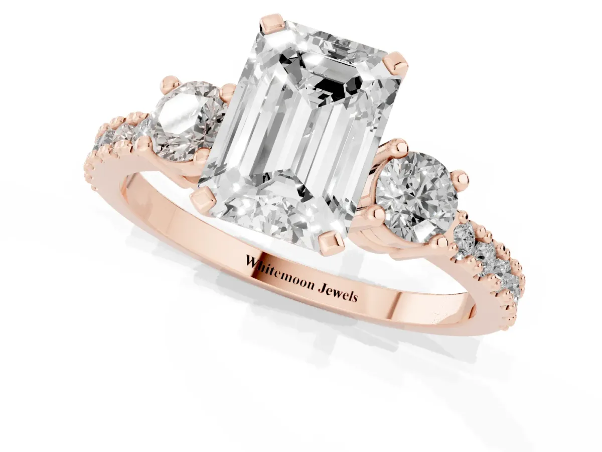 Emerald Cut Three-Stone Diamond Pavé Band with Prong Setting Rose gold