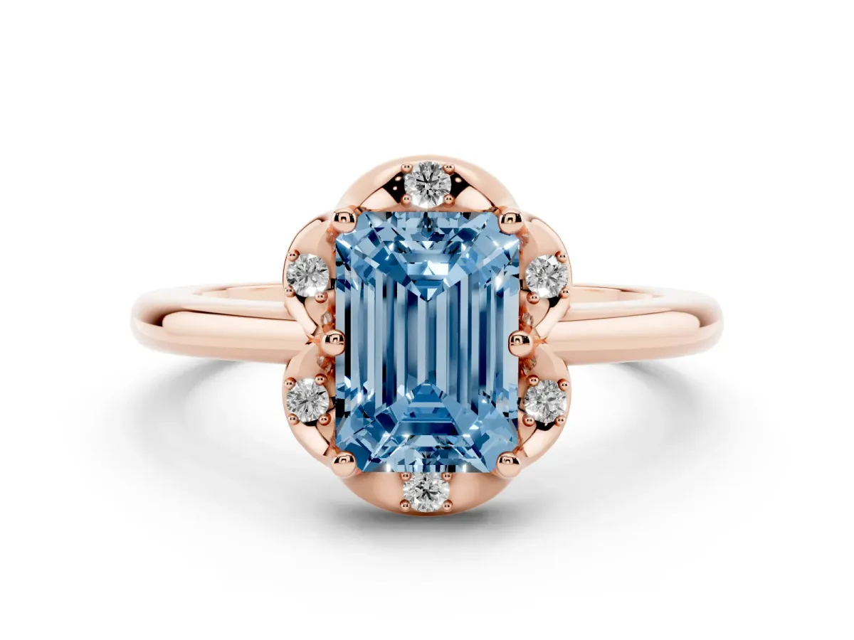 Fancy Blue Emerald Cut Halo Diamond Ring with Round Cluster Setting, Solitaire Band, and Four-Prong Setting Rose gold