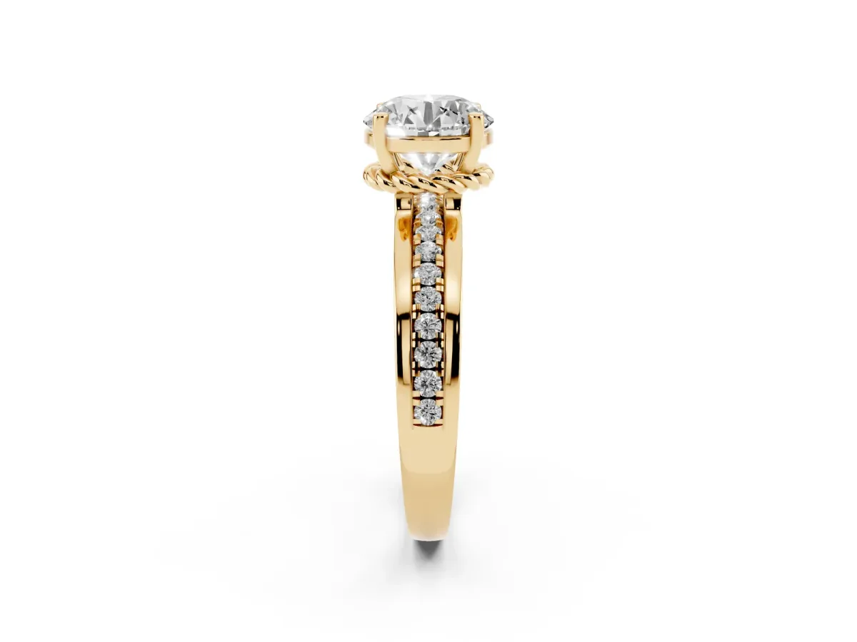 Round Cut Solitaire Diamond Ring with Channel Set Band and Six-Prong Setting Yellow gold