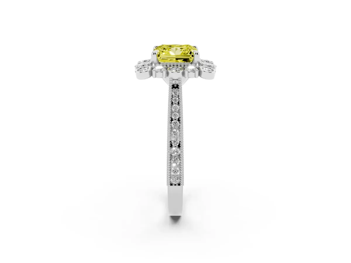 Fancy Yellow Princess Cut Halo Milgrain Pave Diamond Ring with Four-Prong Setting Platinum