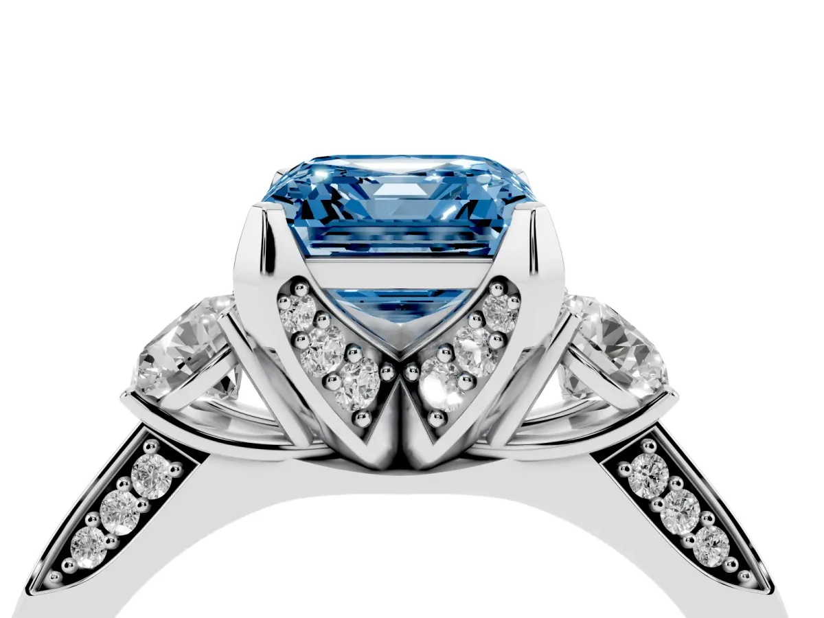 Fancy Blue Asscher Cut Brilliant Three-Stone Diamond Ring with Pavé Band and Four-Prong Setting White gold