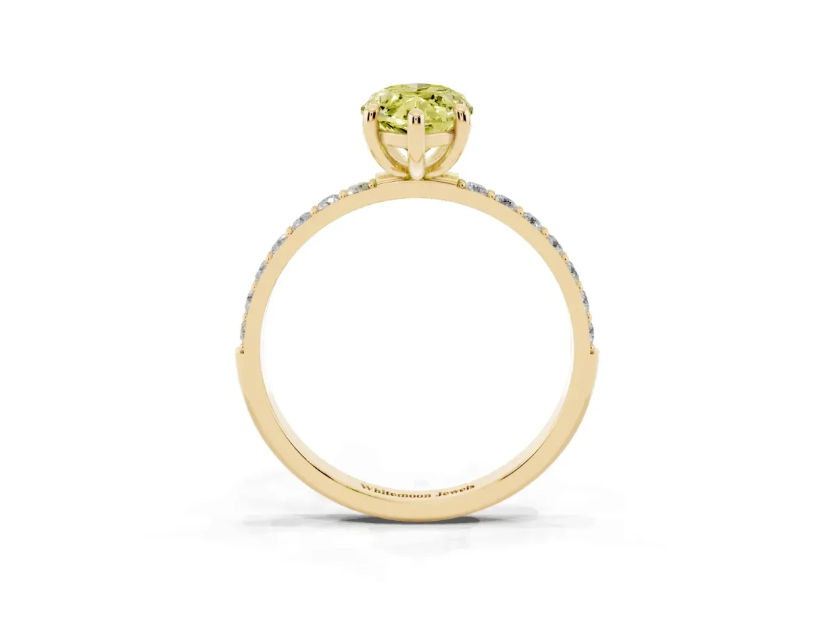 Fancy Yellow Marquise Cut Diamond Solitaire Ring with Round Pavé Band and Prong Setting Yellow gold