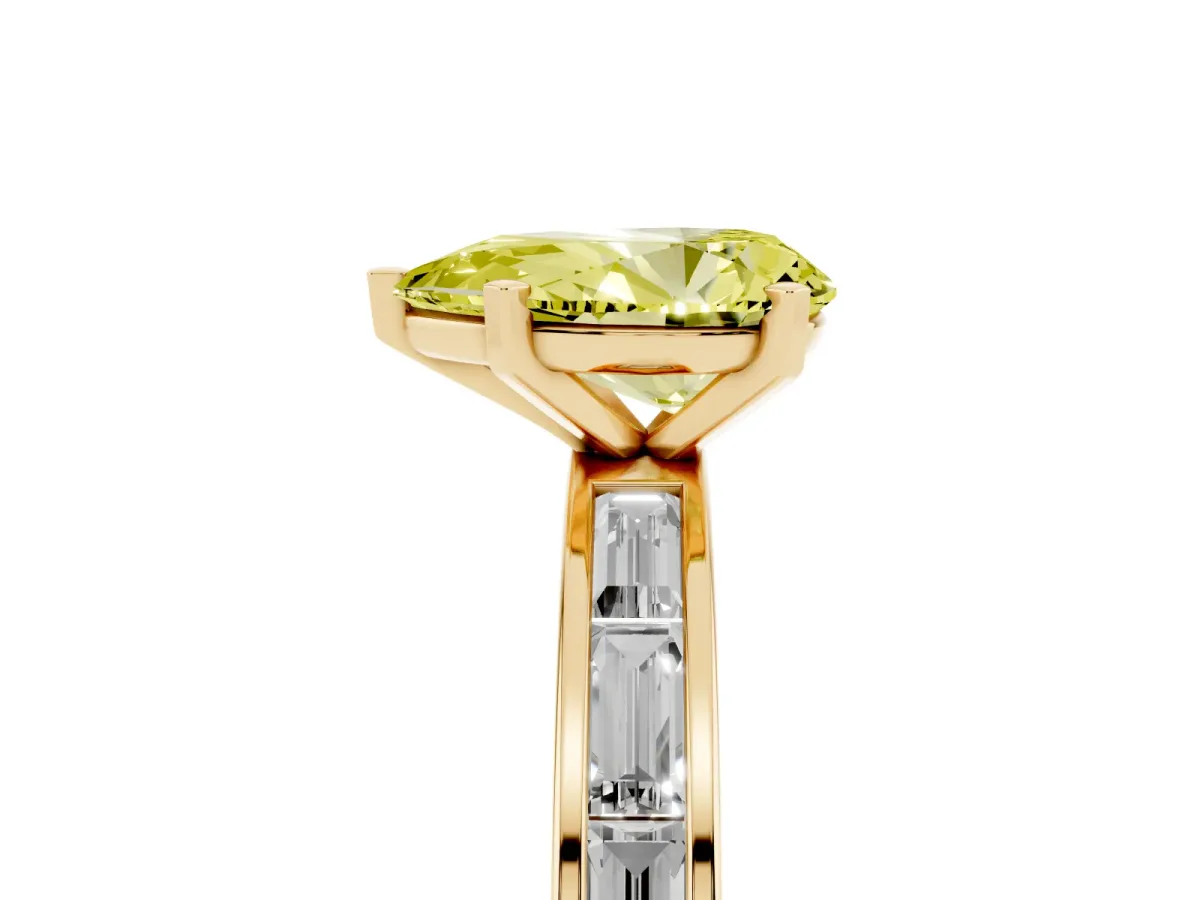 Fancy Yellow Pear Cut Solitaire Diamond Ring with Channel-Set Baguette Band and Four-Prong Setting Yellow gold