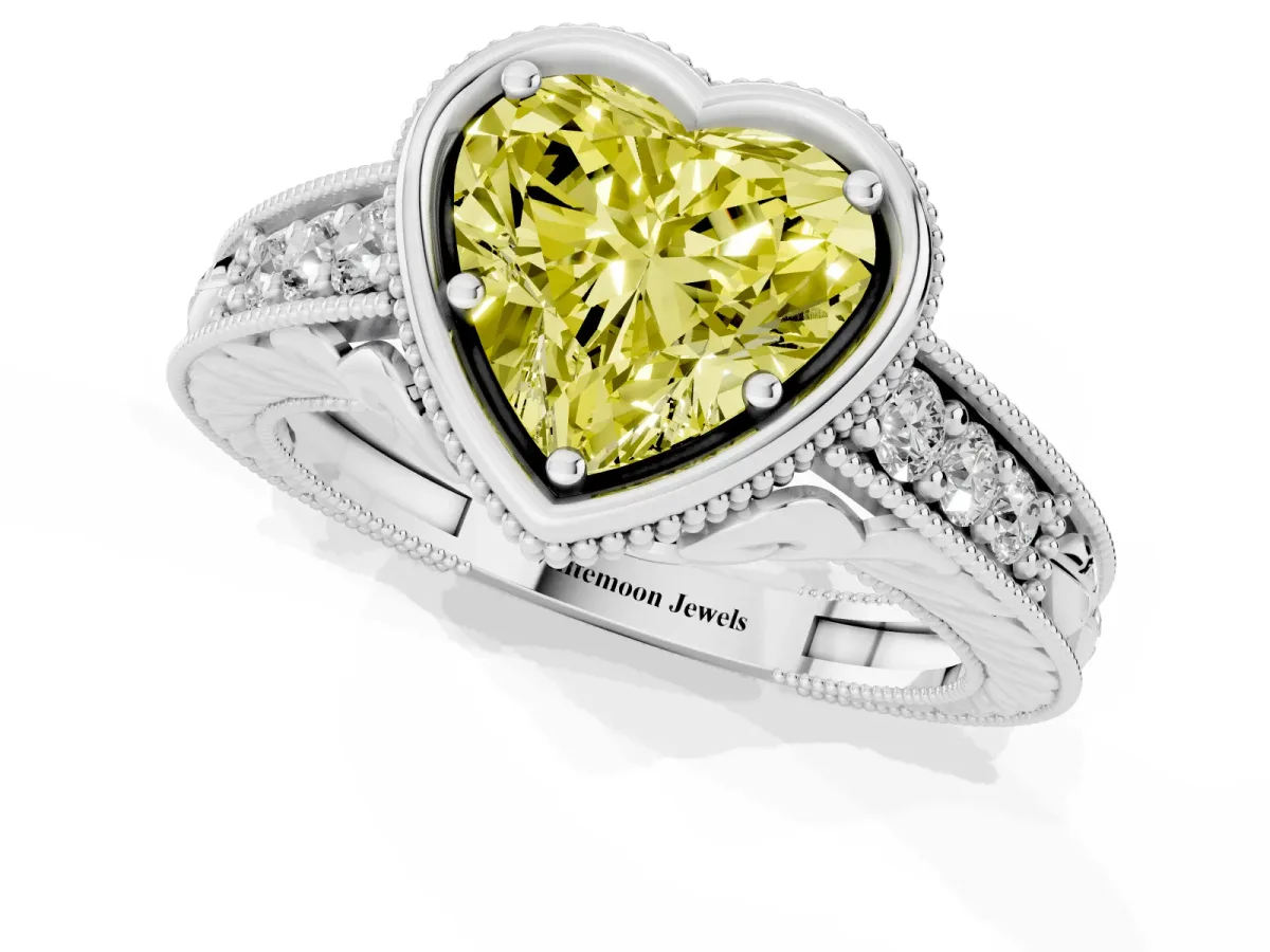 Fancy Yellow Bezel Set Heart Cut Diamond Milgrain Pave Engagement Ring Silver