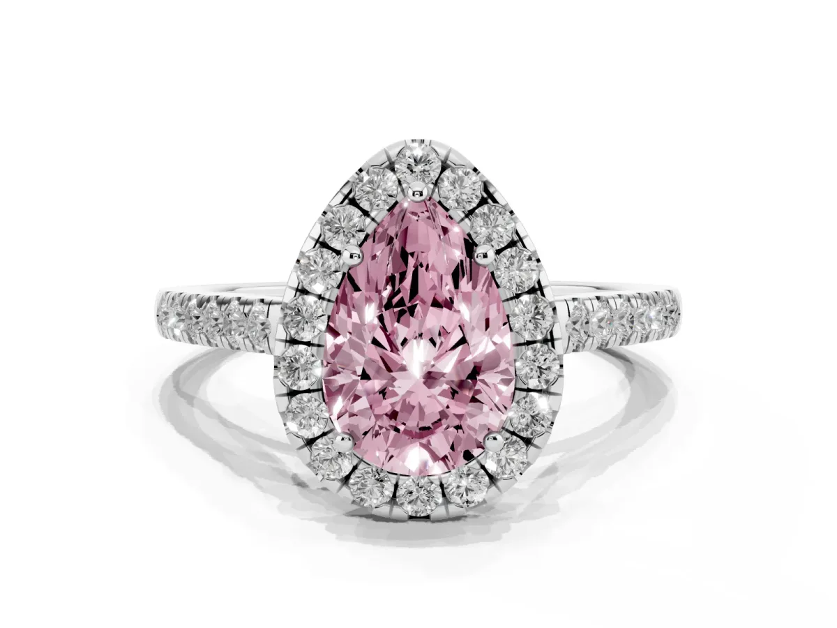 Fancy Pink Pear Cut Halo Pave Diamond Engagement Ring with Four-Prong Setting Silver