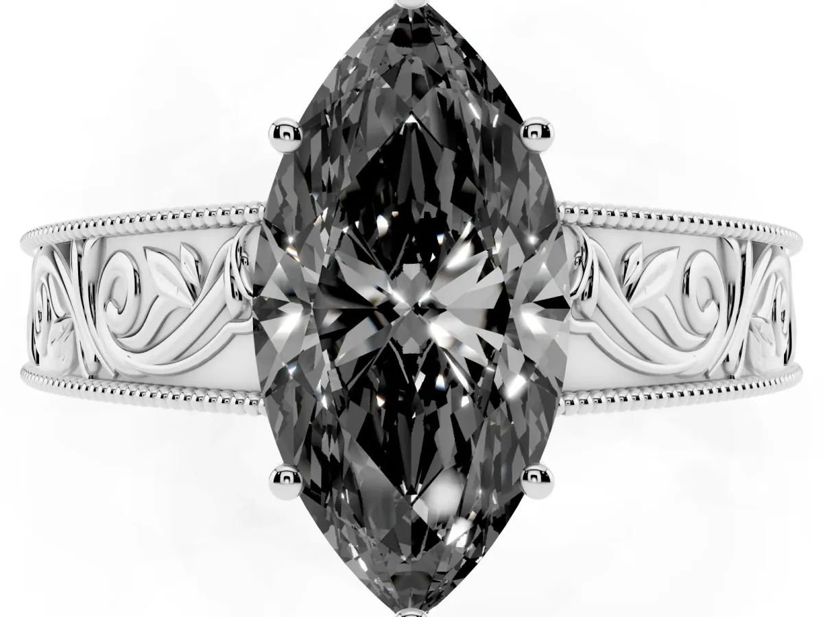 Fancy Black Marquise Cut Diamond Solitaire Ring with Engraved Band and Four-Prong Setting Silver